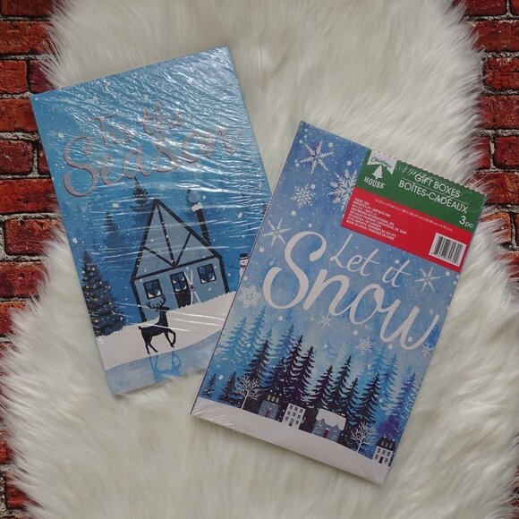 💰3/$25 2-Pack (6 Boxes) Christmas House Gift Boxes Blue Snow - Picture 1 of 3